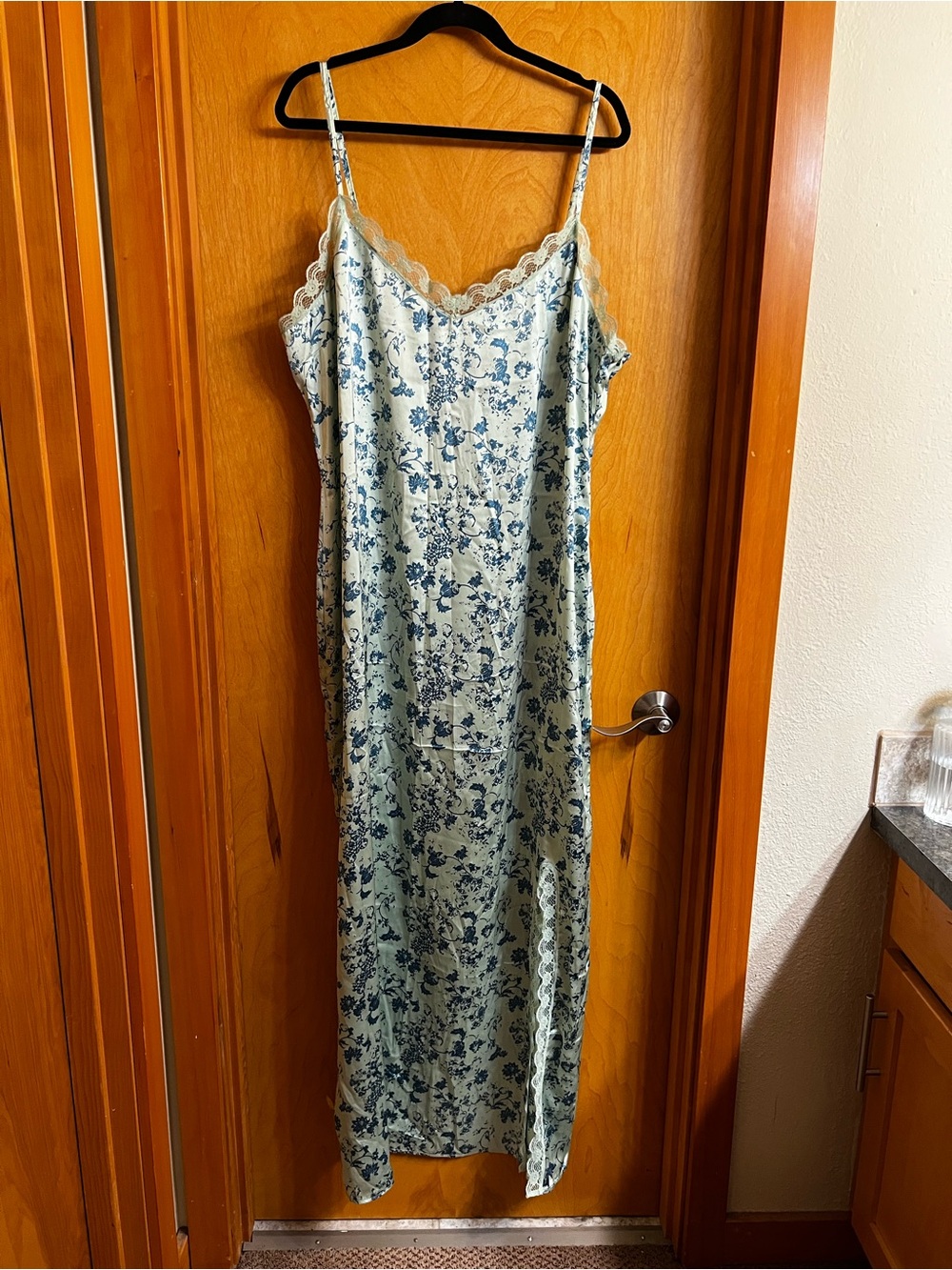 Blue Floral Lace-Trim Maxi Slip Dress - Women's Maxi